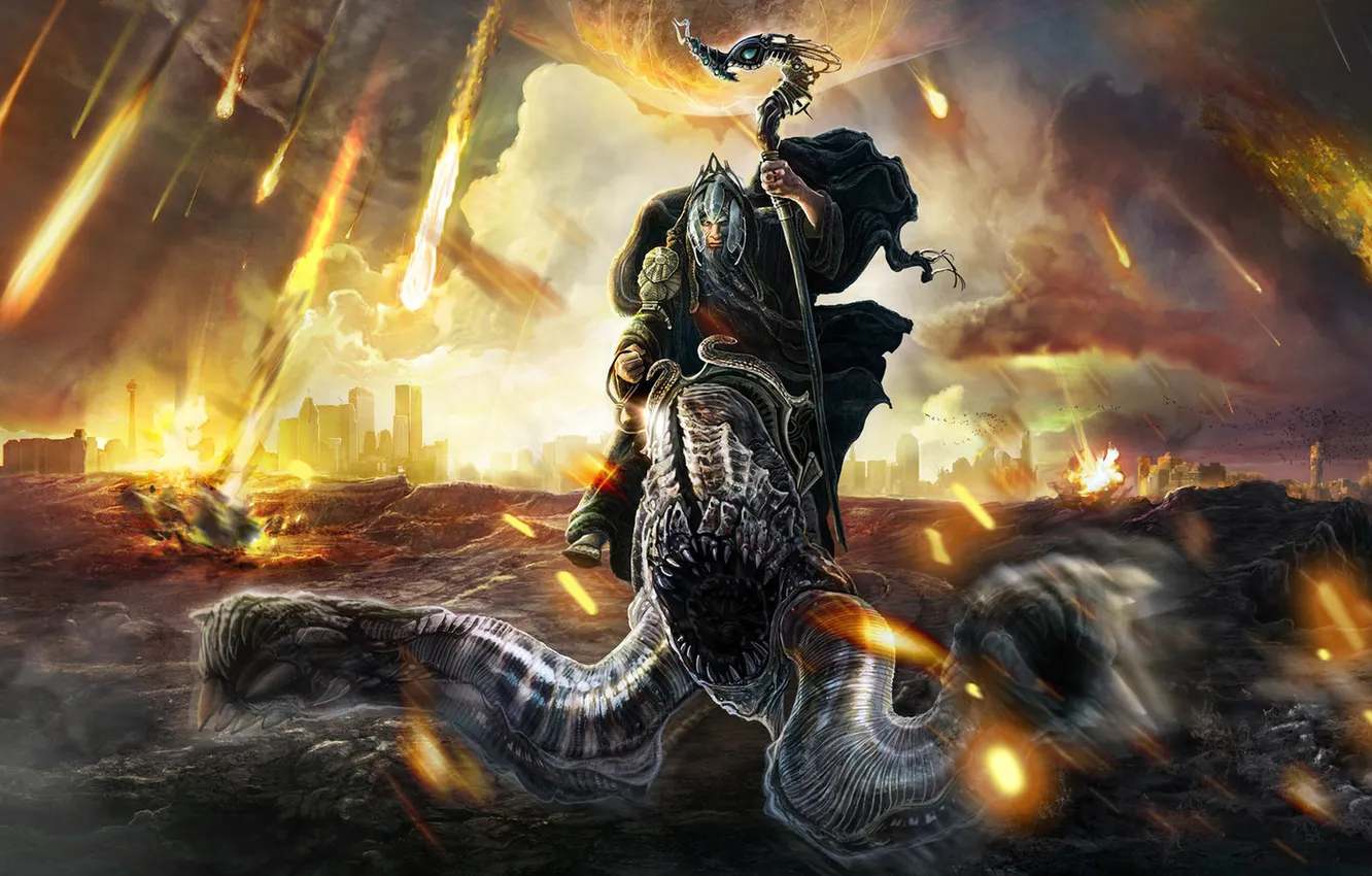 Photo wallpaper the explosion, the city, lights, mouth, fangs, staff, top, the worm