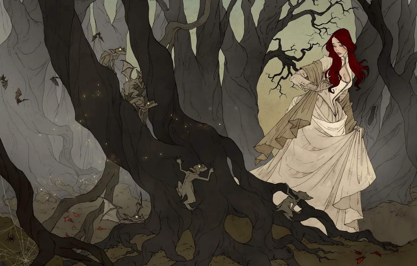 Photo wallpaper girl, vampire, artwork, black wood, Abigail Larson, Dark forest, dark art, Abigail Larson