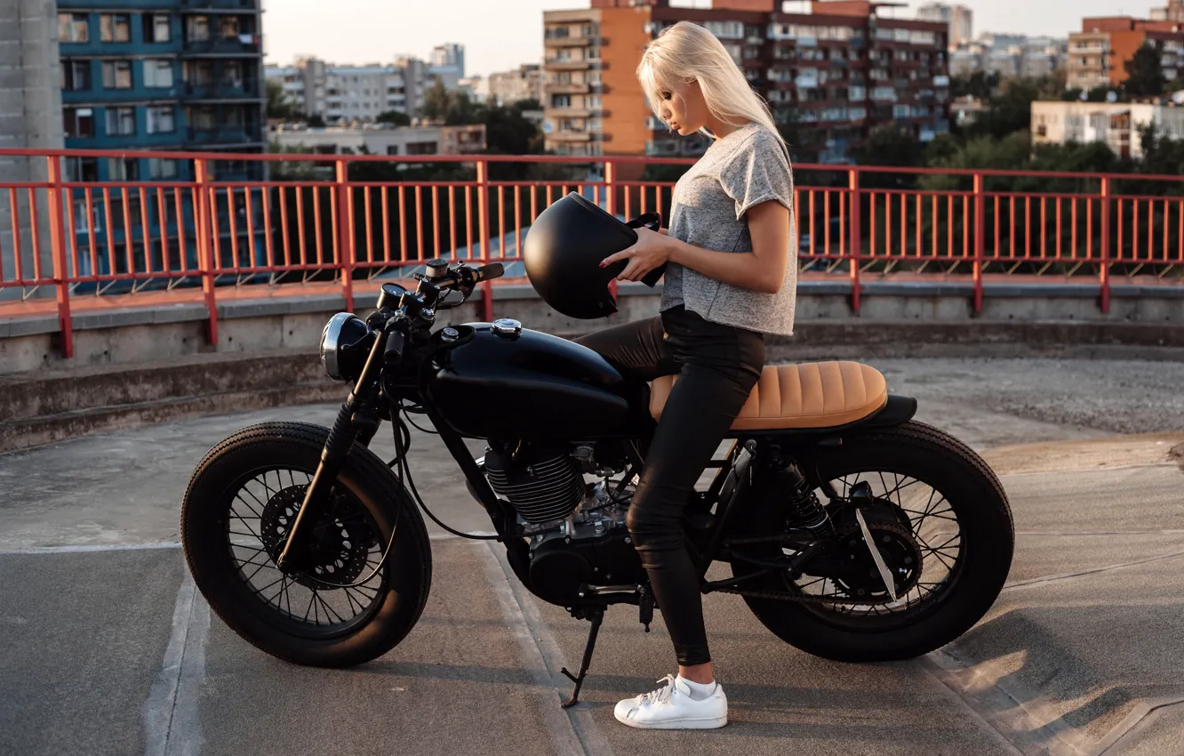 Photo wallpaper the sun, the city, black, home, blonde, motorcycle, helmet, bike