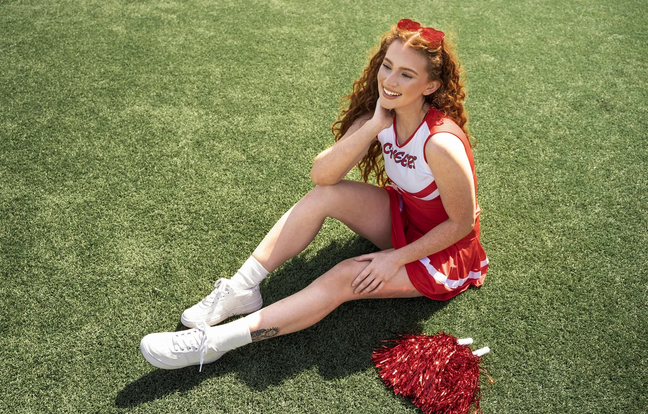 Photo wallpaper sitting, cheerleader, outdoors