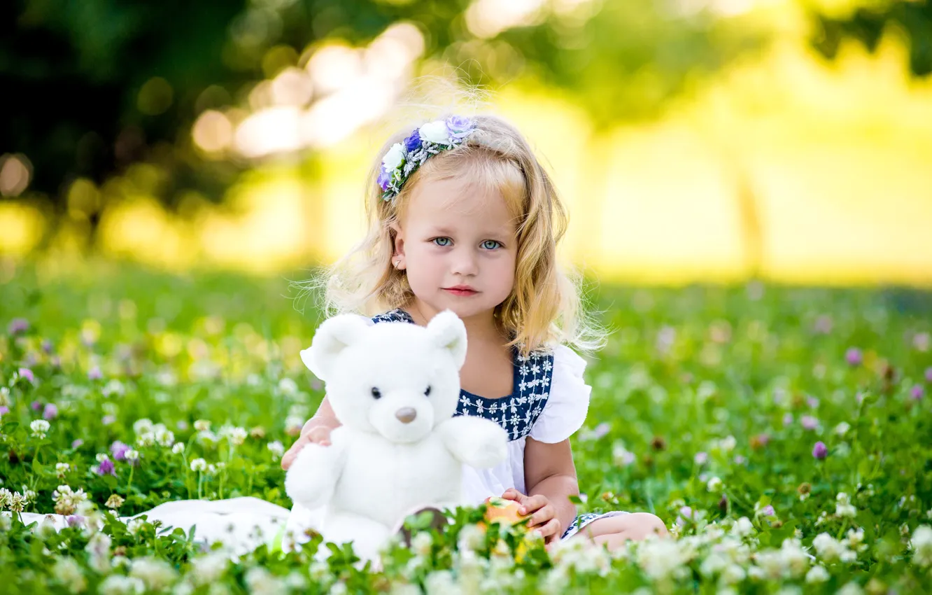 Photo wallpaper summer, grass, children, toy, small, bear, girl, girl