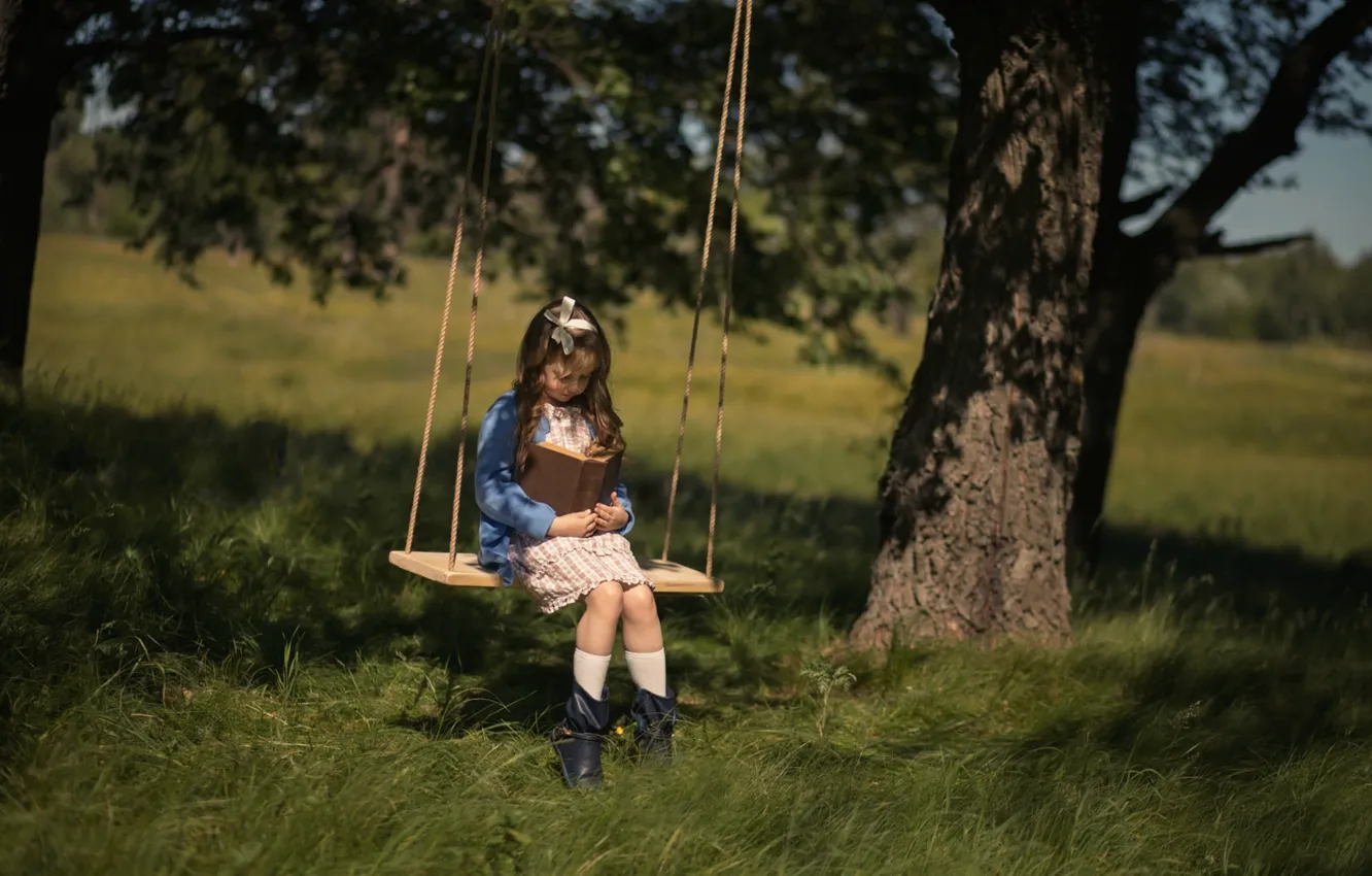Photo wallpaper swing, girl, book