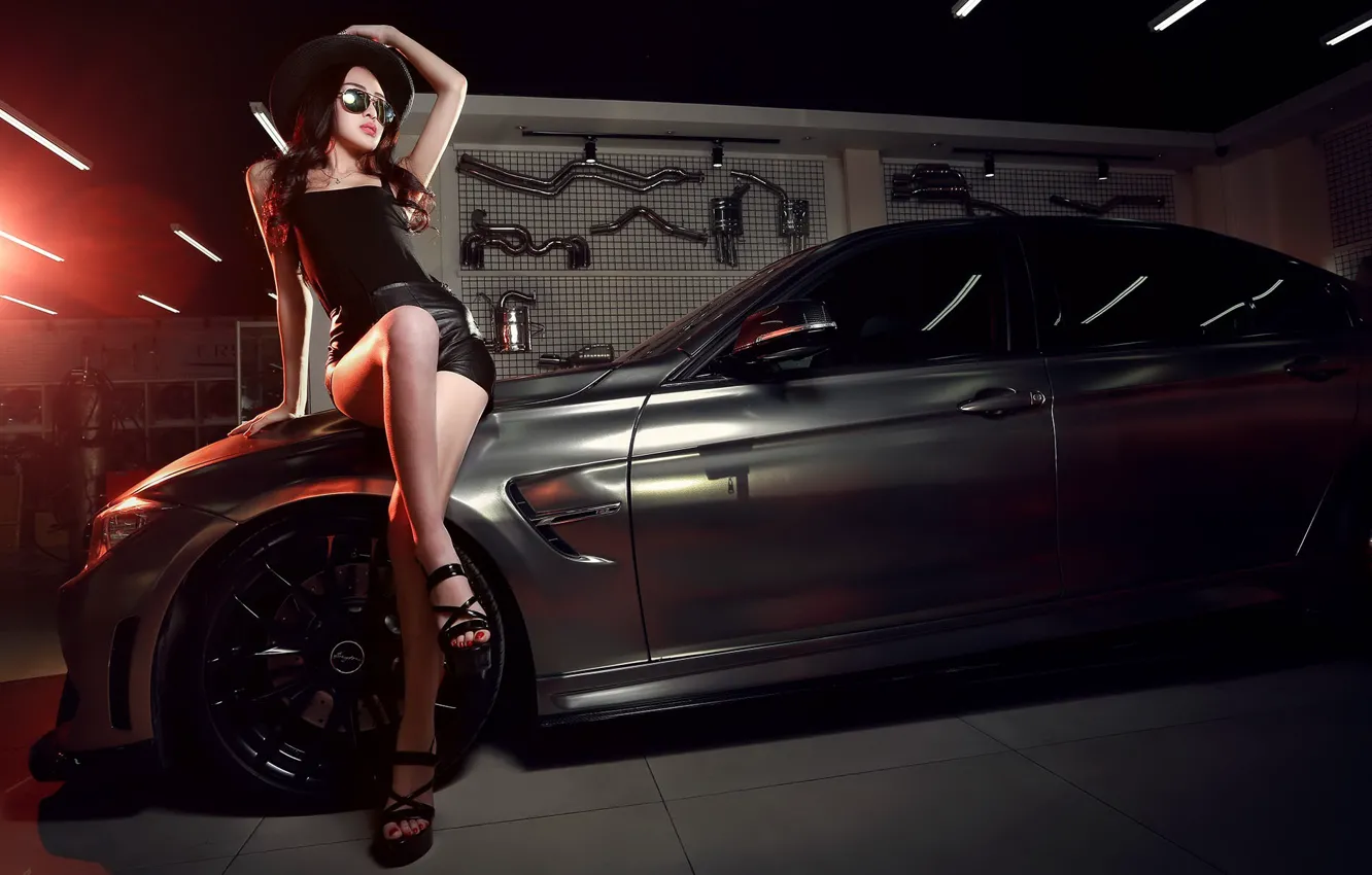 Photo wallpaper auto, look, girl, hat, BMW, glasses, Asian, beautiful girl