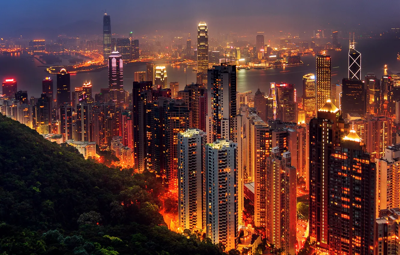 Photo wallpaper night, the city, lights, the evening, Asia, Hong Kong