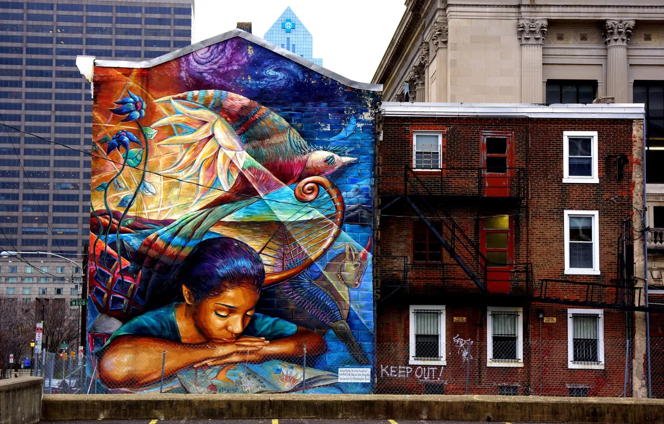 Photo wallpaper city, the city, building, buildings, street art, street art, Street art, graffiti on the wall