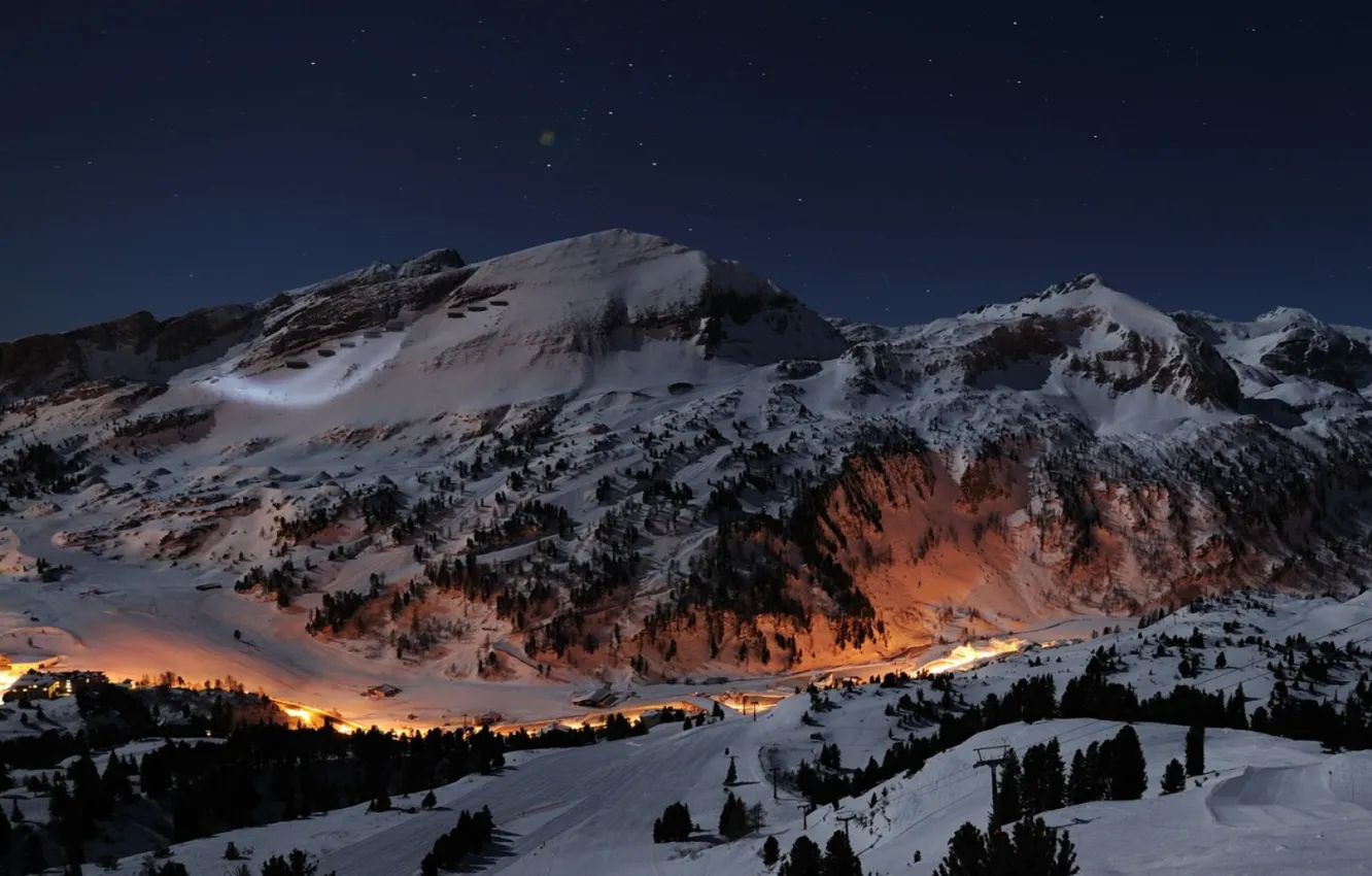 Photo wallpaper snow, mountains, night, ski resort