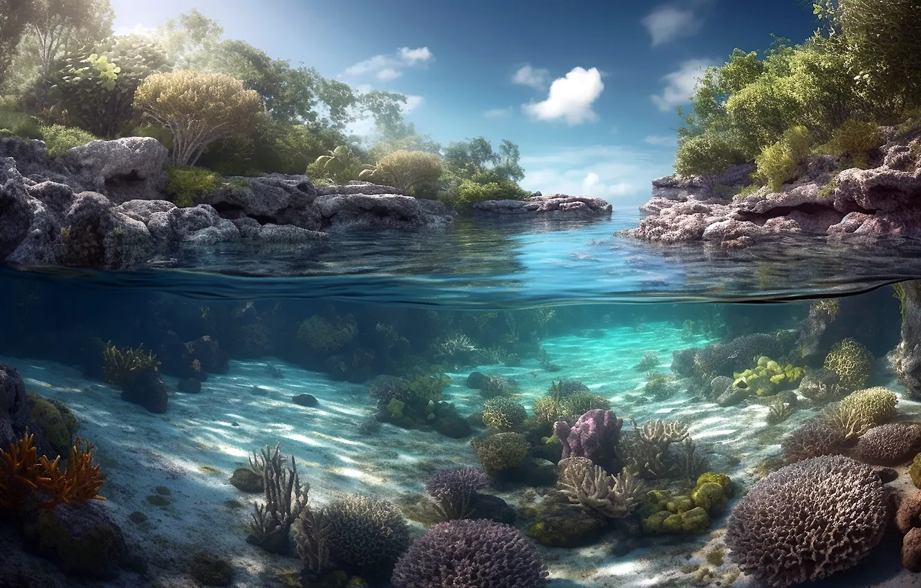 Photo wallpaper summer, the sky, water, clouds, light, nature, glare, blue