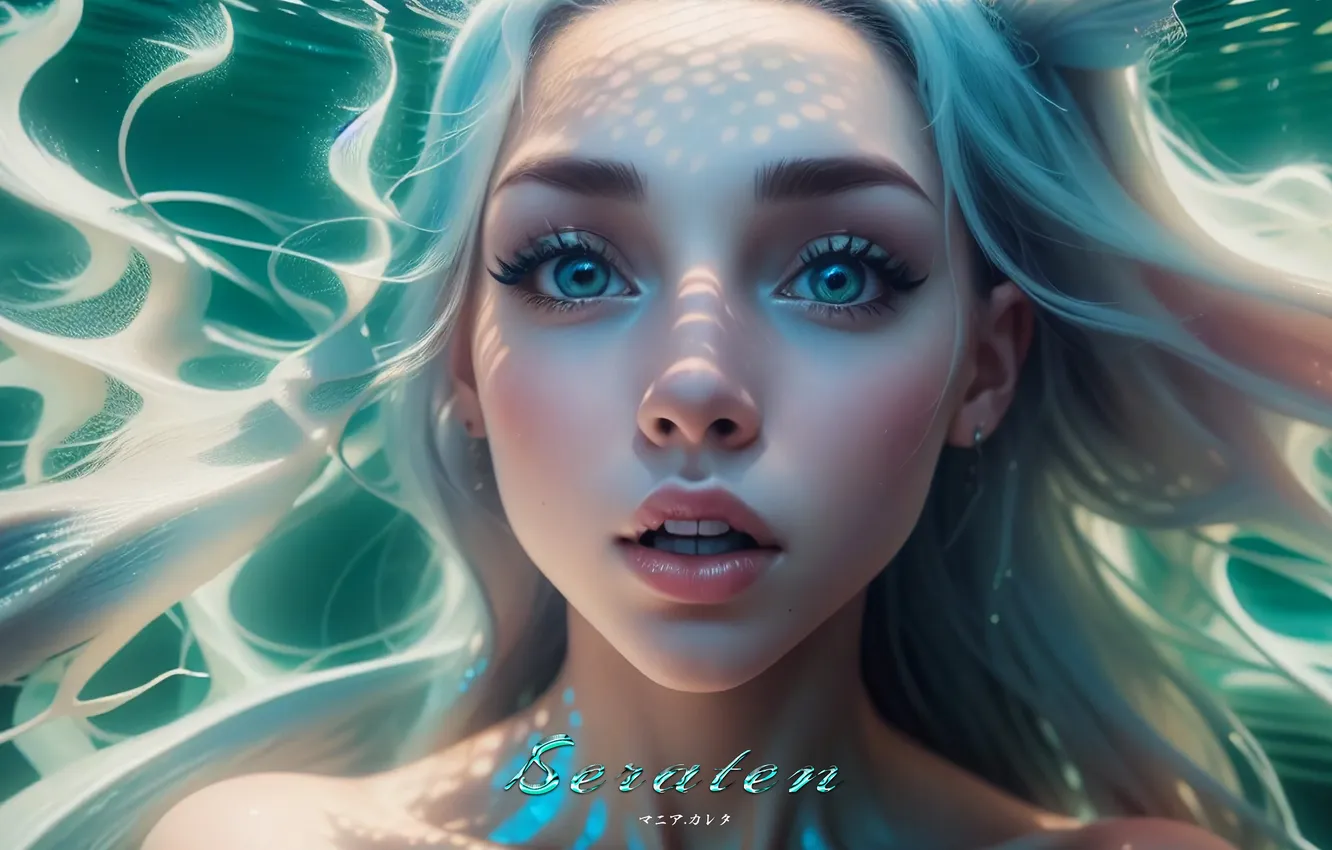 Photo wallpaper girl, fantasy, blue eyes, digital art, artwork, mermaid, fantasy art, closeup
