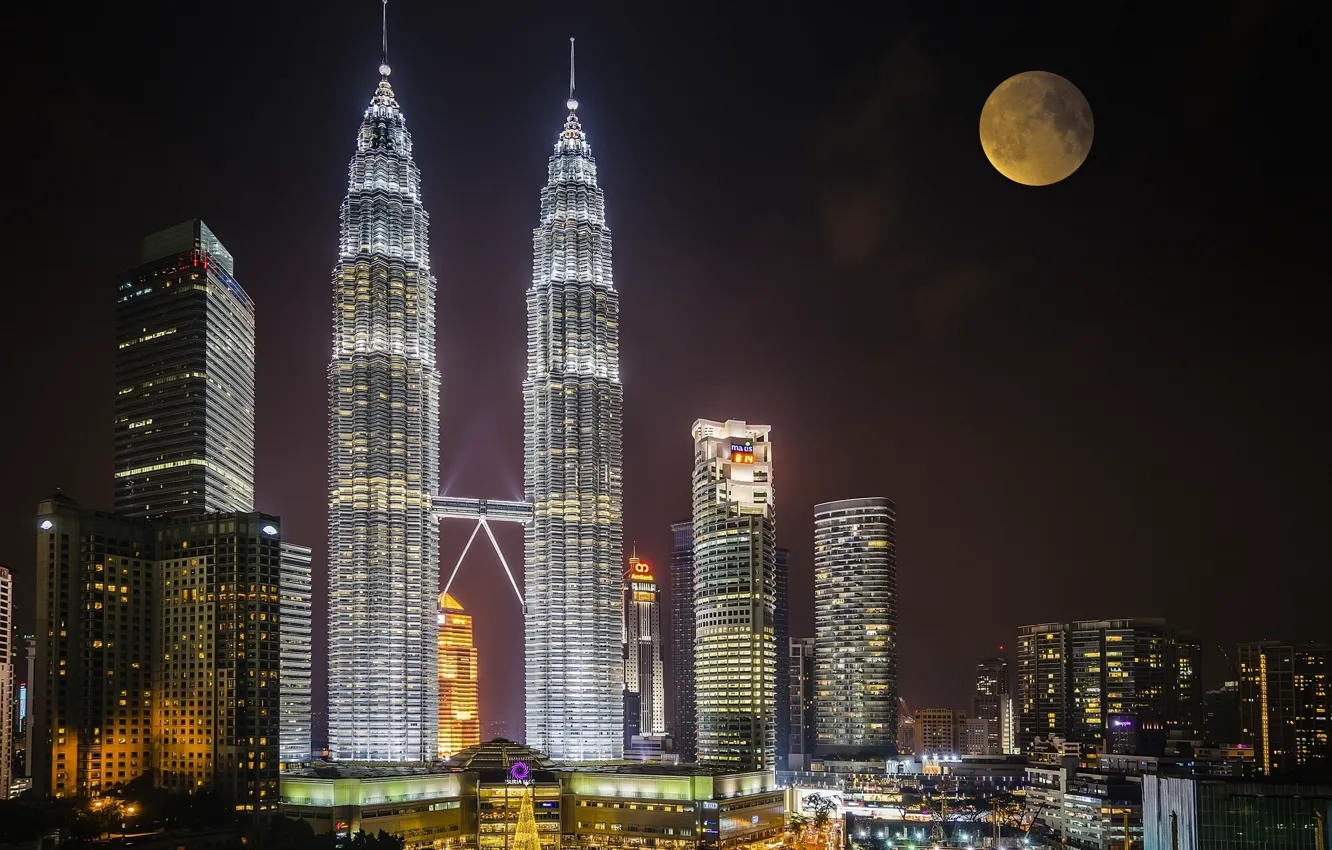 Photo wallpaper night, the city, the moon, Malaysia, Kuala Lumpur