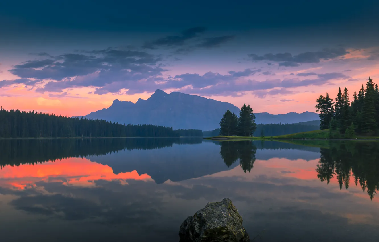 Photo wallpaper forest, trees, mountains, lake, reflection, stones