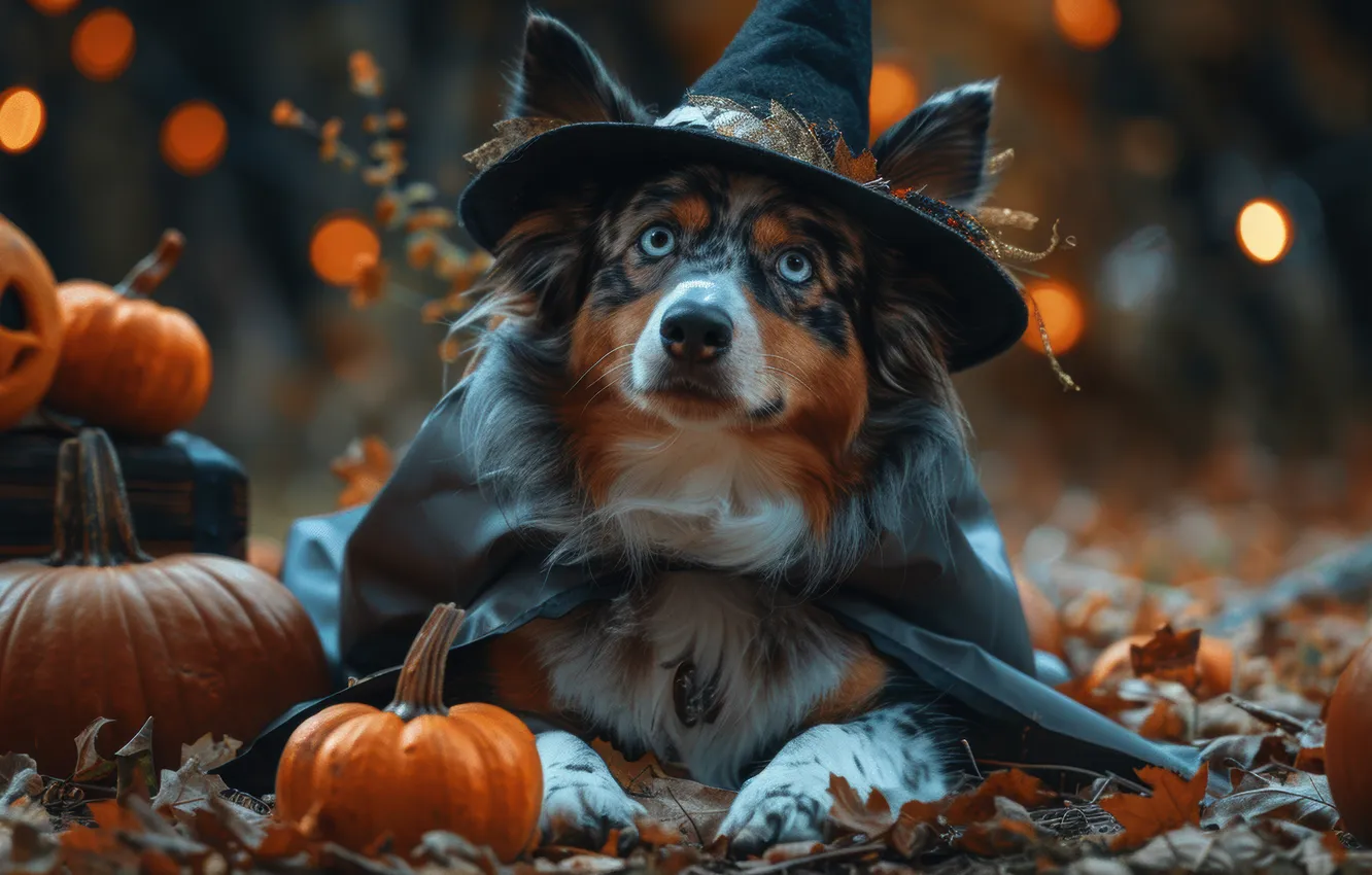 Photo wallpaper Halloween, neural network, Aussie, dog, look, holiday, AI art, looking up