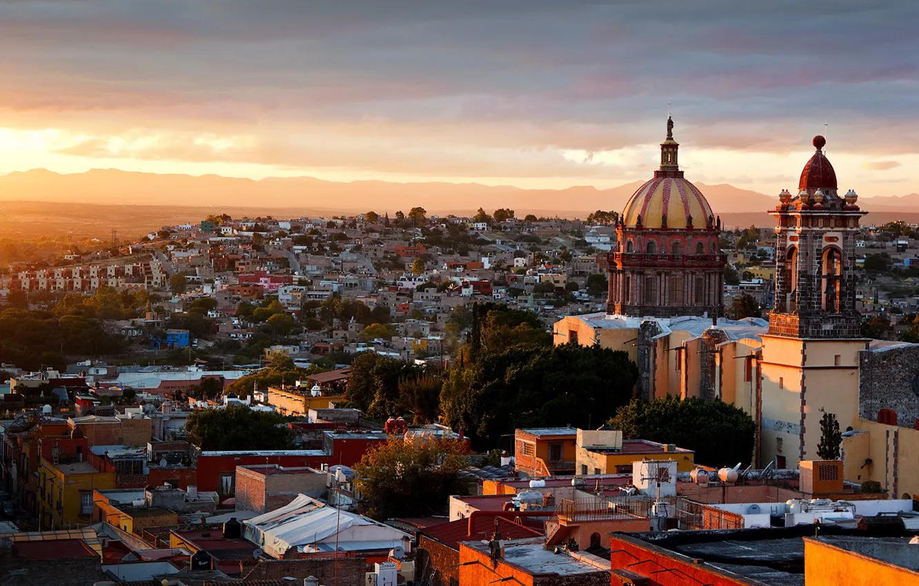 Photo wallpaper city, sky, Mexico, sunset, clouds, houses, roofs, cityscape