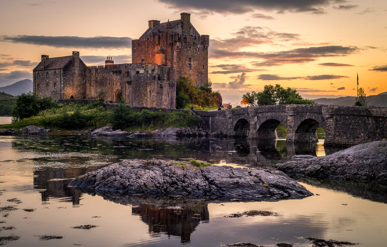 Photo wallpaper water, sunset, bridge, stones, castle, Scotland, Eilean Donan Castle