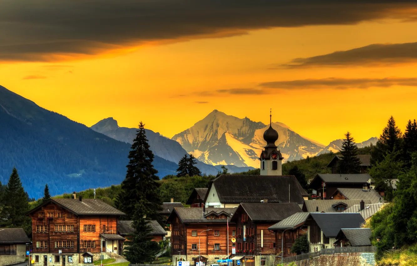 Photo wallpaper forest, the sky, trees, mountains, home, Switzerland, glow, Goms