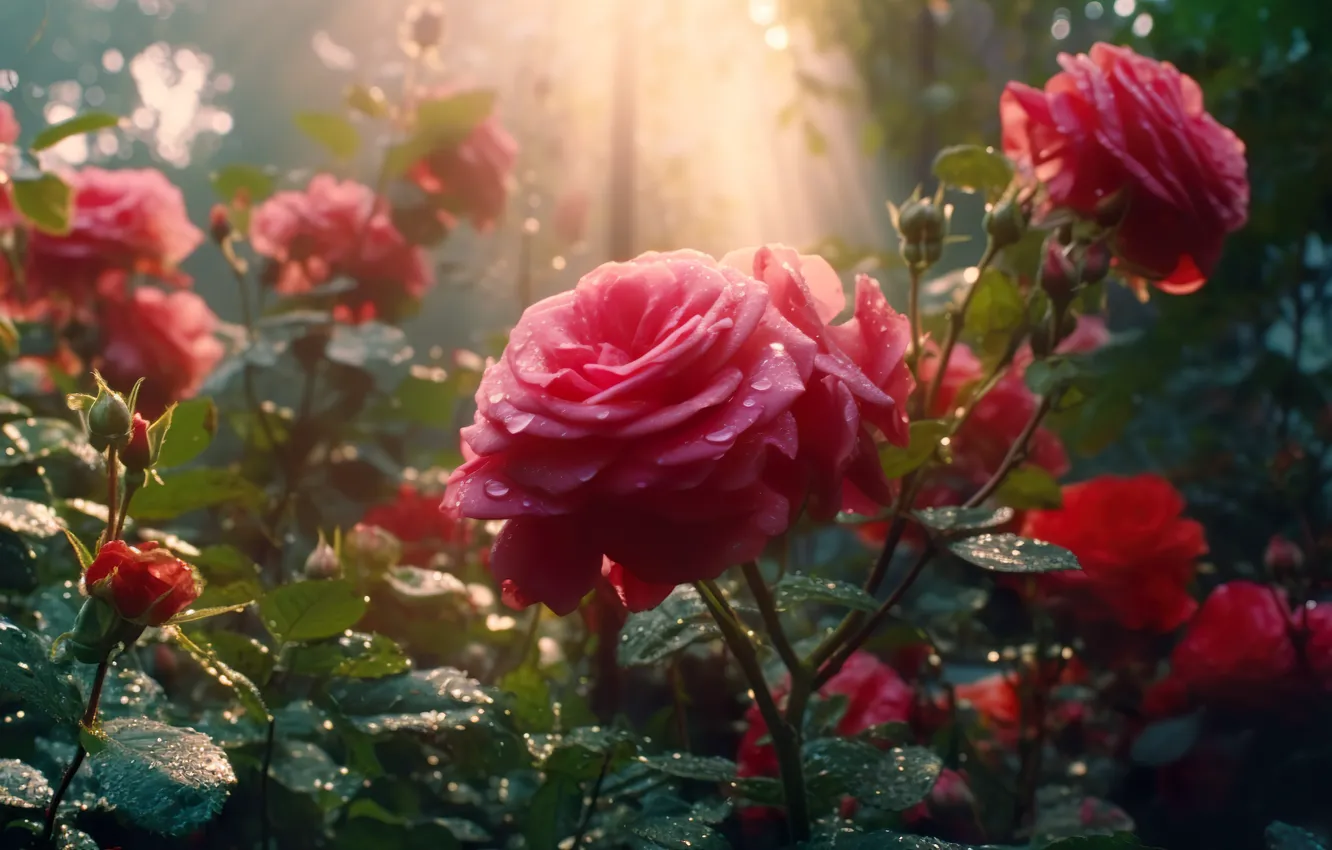 Photo wallpaper flowers, roses, garden, pink, rose Bush, digital art, AI art, The Art of Artificial Intelligence