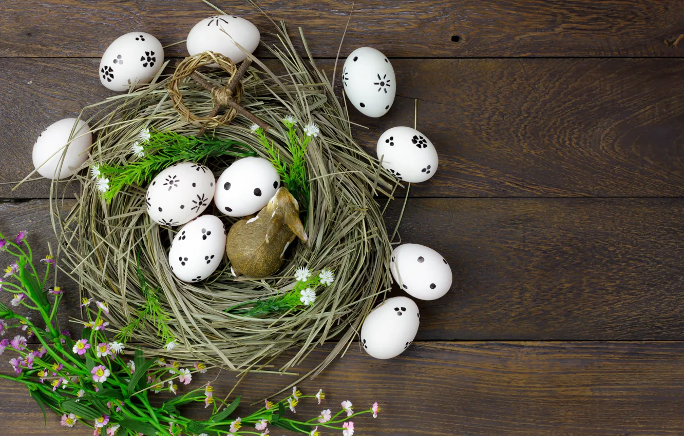 Photo wallpaper flowers, eggs, spring, Easter, hay, wood, flowers, spring