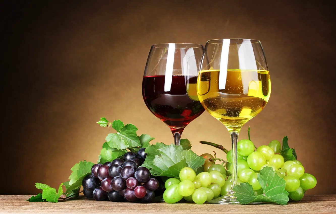 Photo wallpaper leaves, berries, wine, red, white, glasses, grapes, bunches