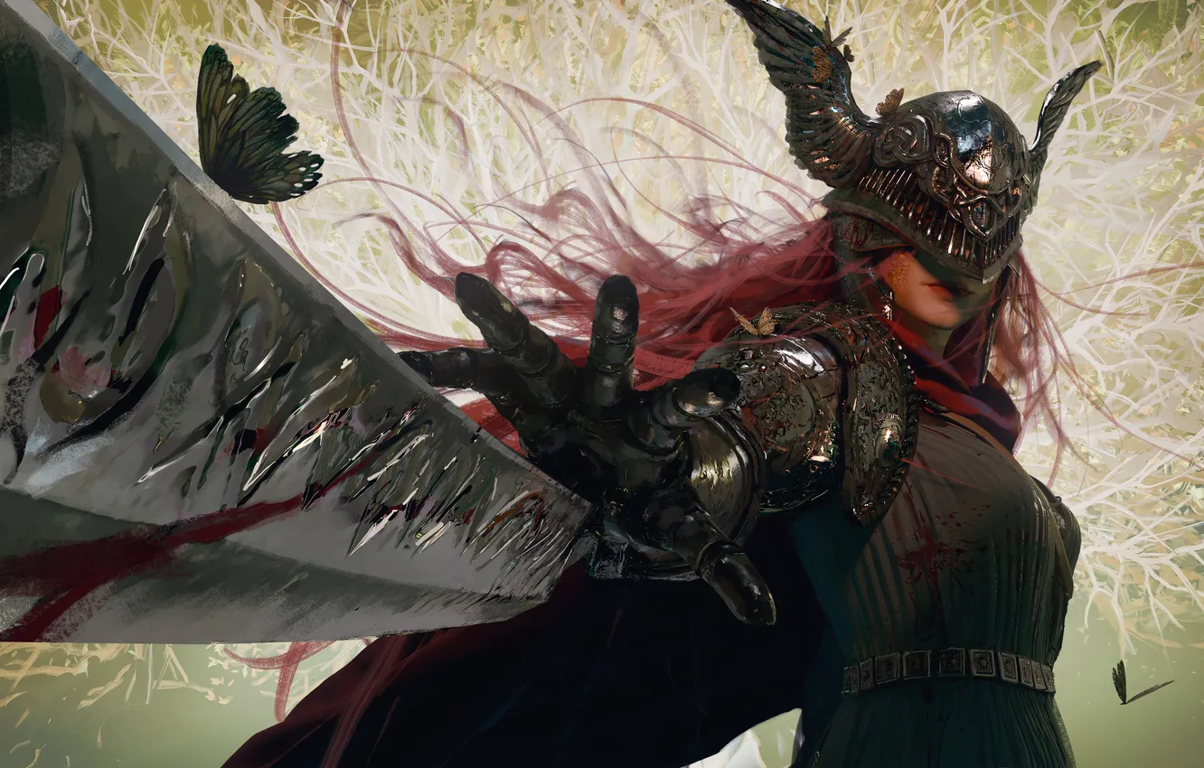 Photo wallpaper girl, sword, fantasy, armor, butterfly, redhead, artwork, warrior