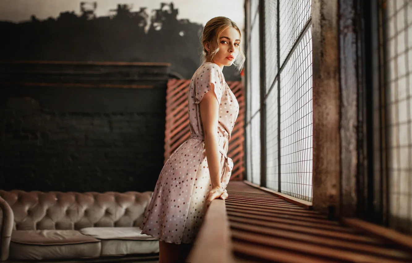 Photo wallpaper look, girl, sofa, Windows, dress, grid, Alexey Yuriev