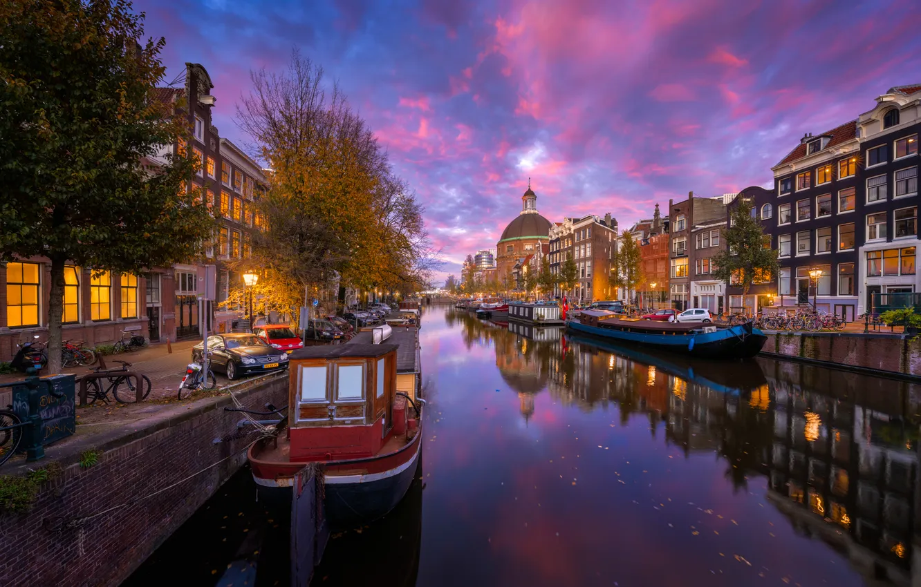 Photo wallpaper autumn, reflection, building, home, Amsterdam, channel, Netherlands, promenade