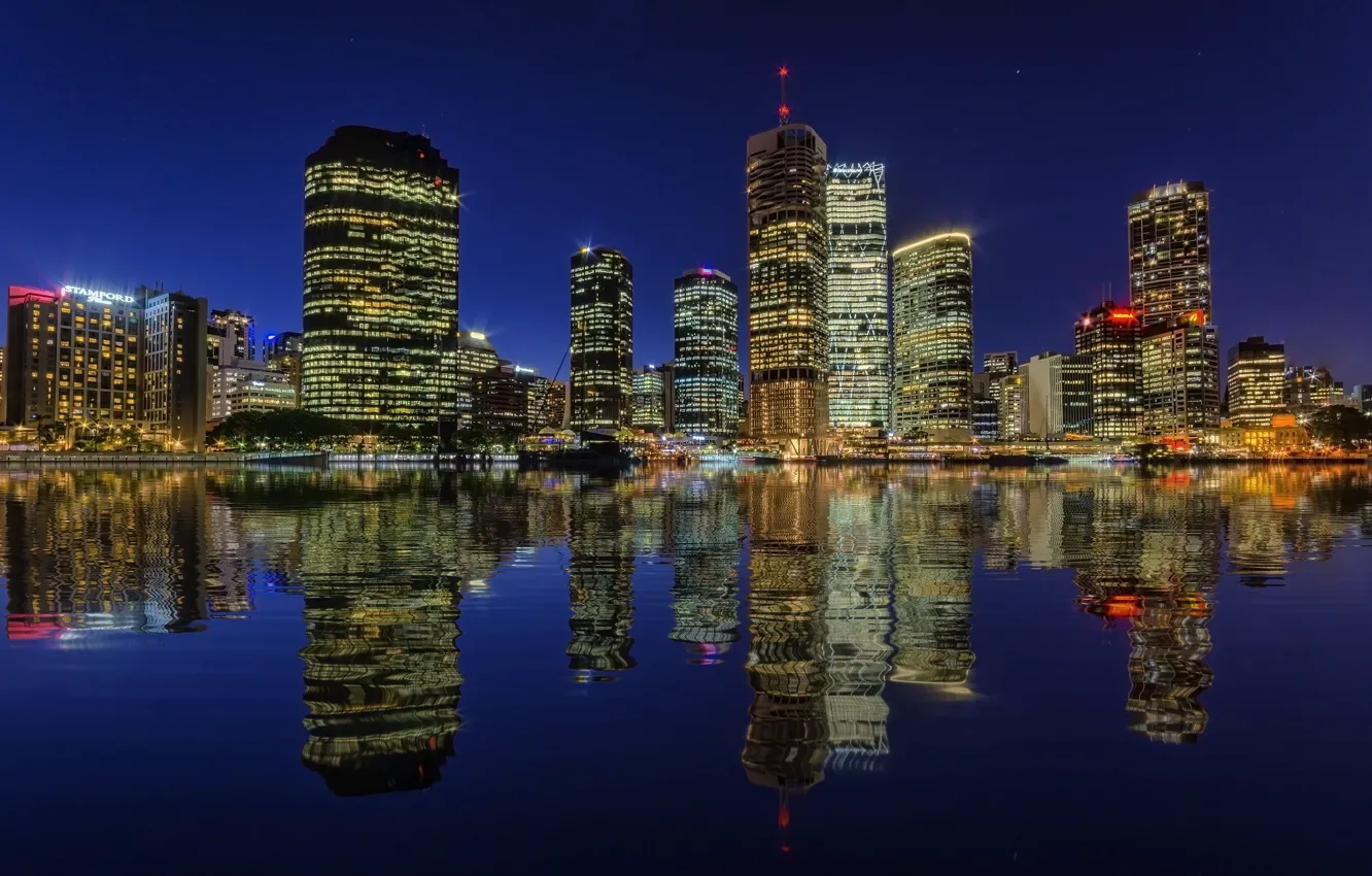 Photo wallpaper night, lights, reflection, river, skyscrapers, backlight, Australia, megapolis