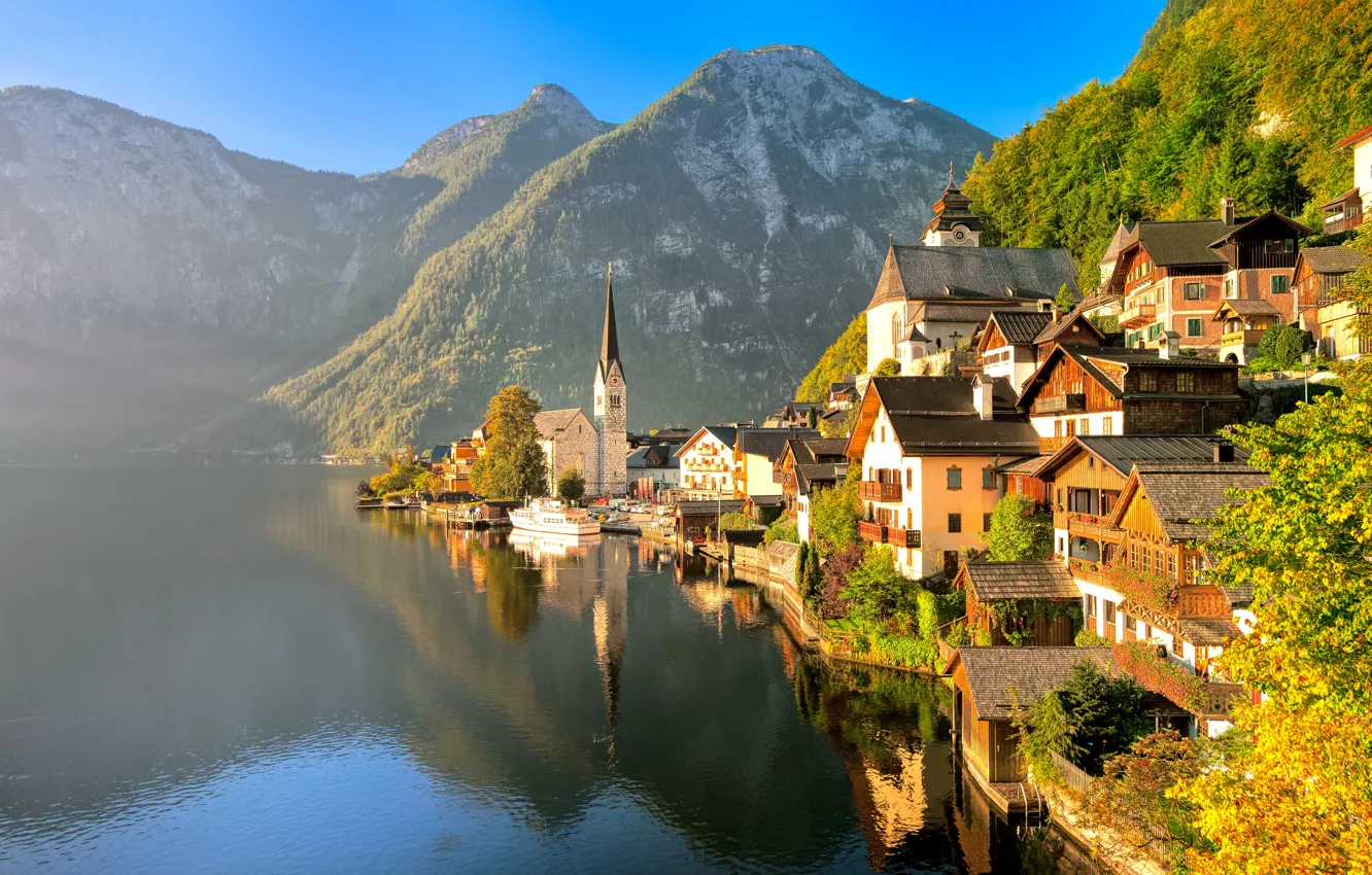 Photo wallpaper autumn, landscape, mountains, nature, the city, lake, boat, building