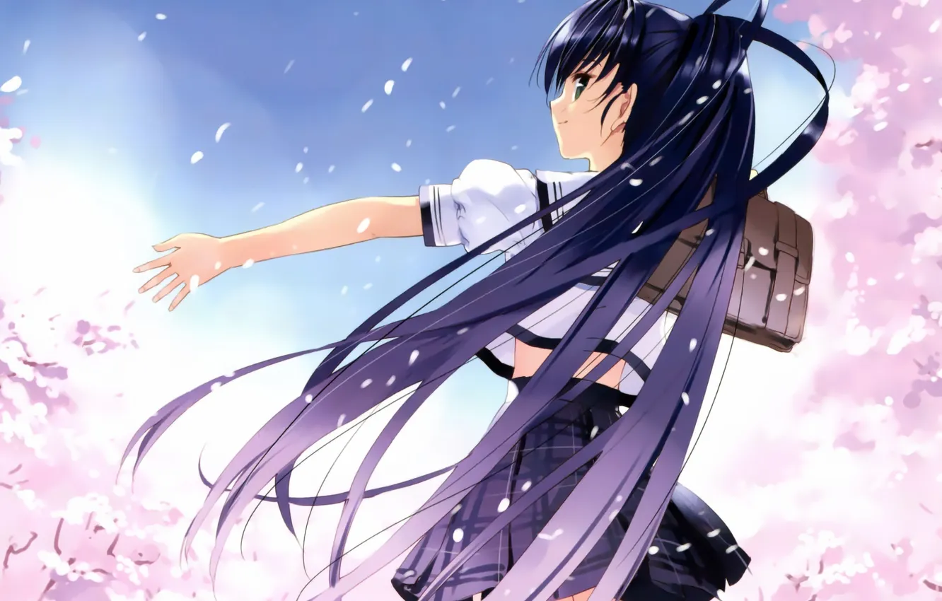 Photo wallpaper the sky, girl, trees, petals, Sakura, art, form, schoolgirl