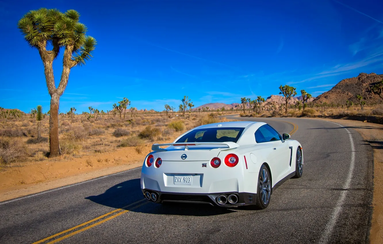 Photo wallpaper road, machine, white, the sky, day, Nissan, GT-R, Nissan