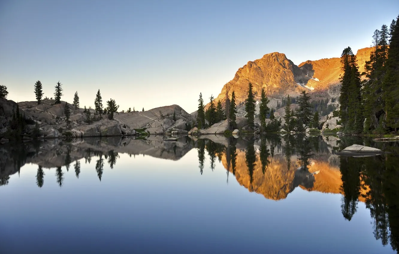Photo wallpaper forest, water, mountains, reflection