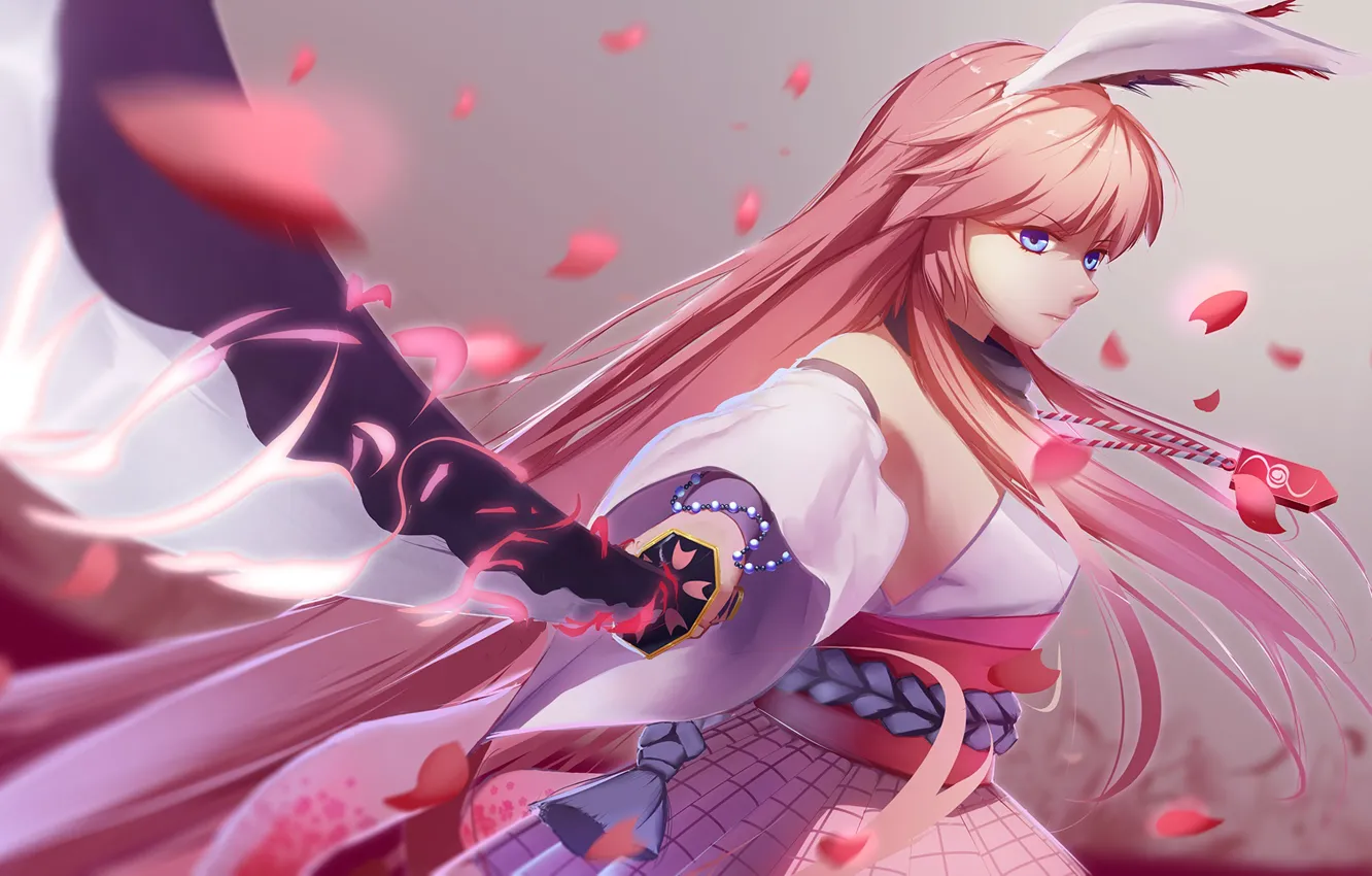 Photo wallpaper girl, sword, petals, benghuai xueyuan