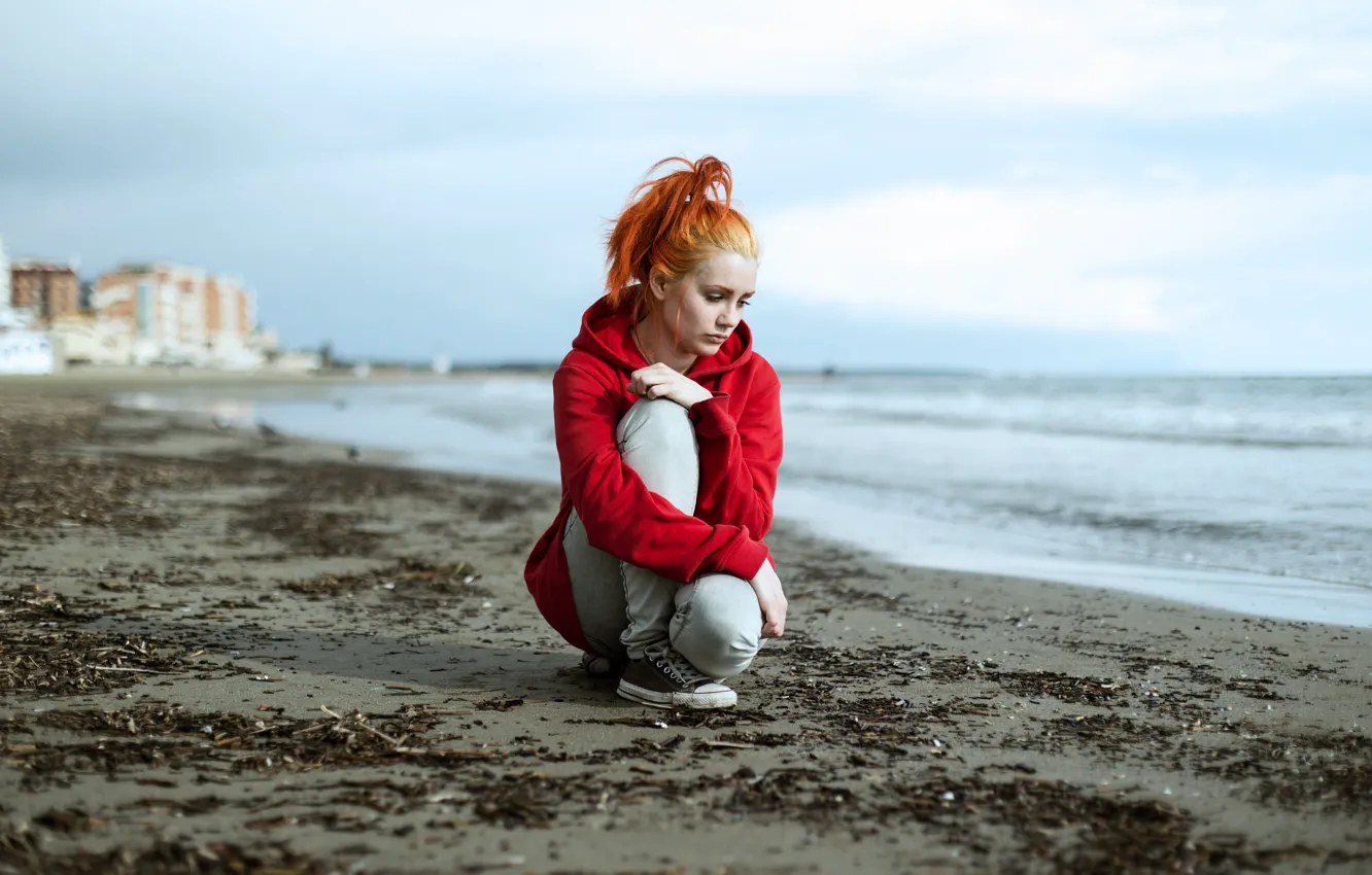 Photo wallpaper beach, girl, red