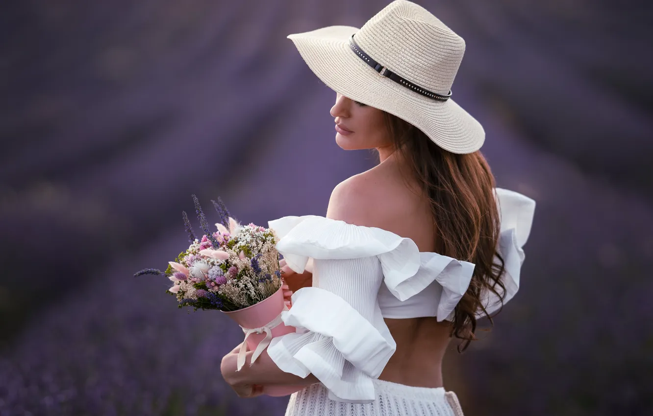 Photo wallpaper girl, hat, lavender