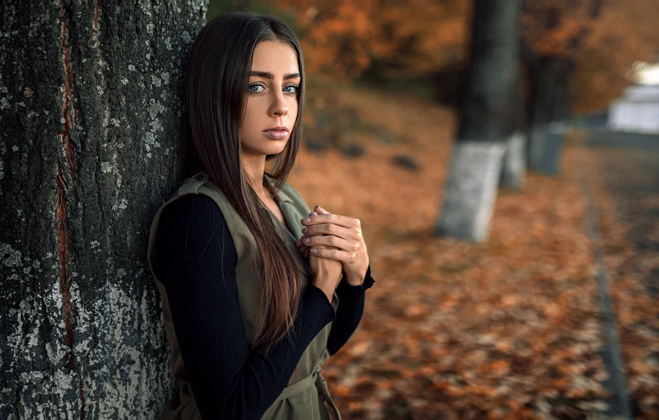 Photo wallpaper autumn, look, leaves, girl, trees, hair, track, Alexander Kurennoy