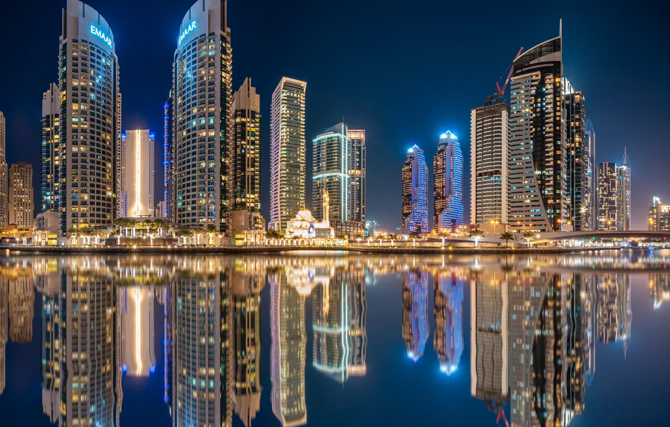 Photo wallpaper water, reflection, building, home, skyscrapers, Bay, Dubai, night city