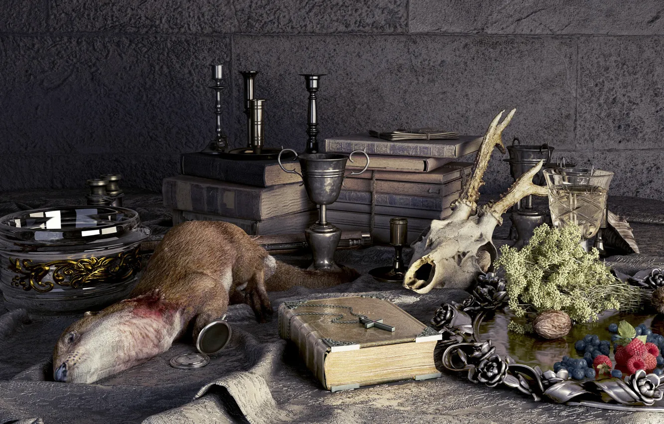 Photo wallpaper table, wall, glass, carcass, Fin-de-siecle hunting gallery
