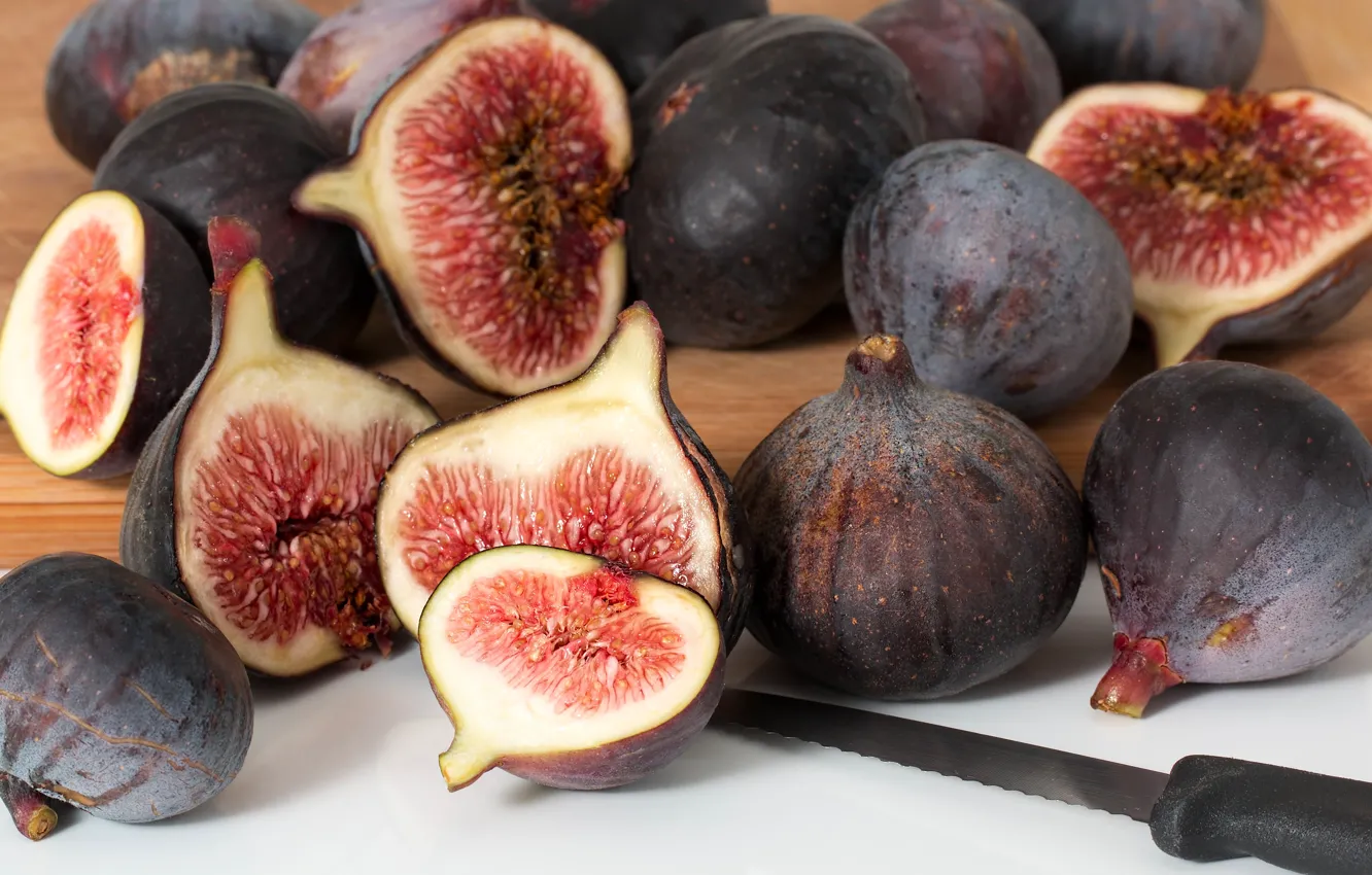 Photo wallpaper half, food, knife, fruit, a lot, slice, figs, cutting Board