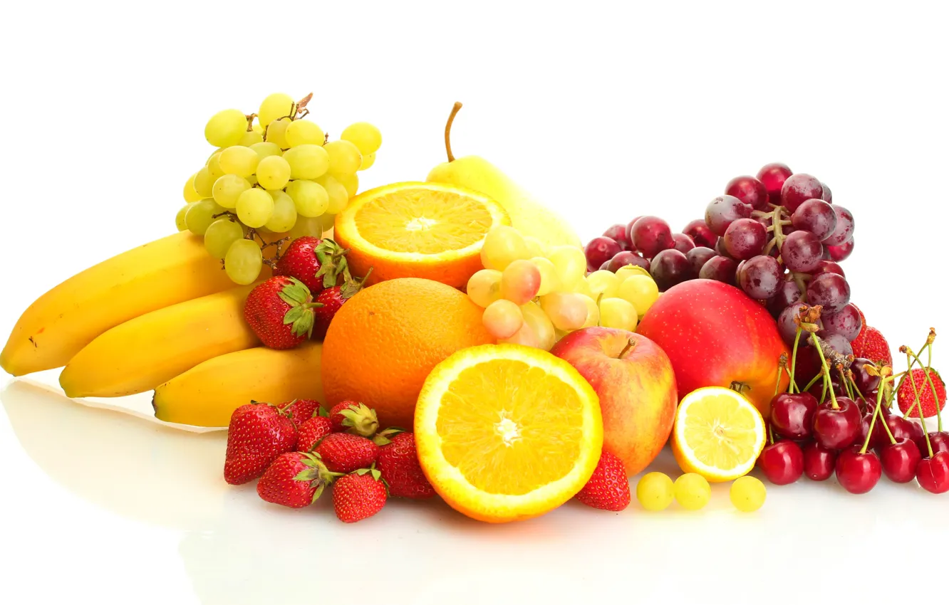 Photo wallpaper berries, lemon, apples, oranges, strawberry, grapes, bananas, white background