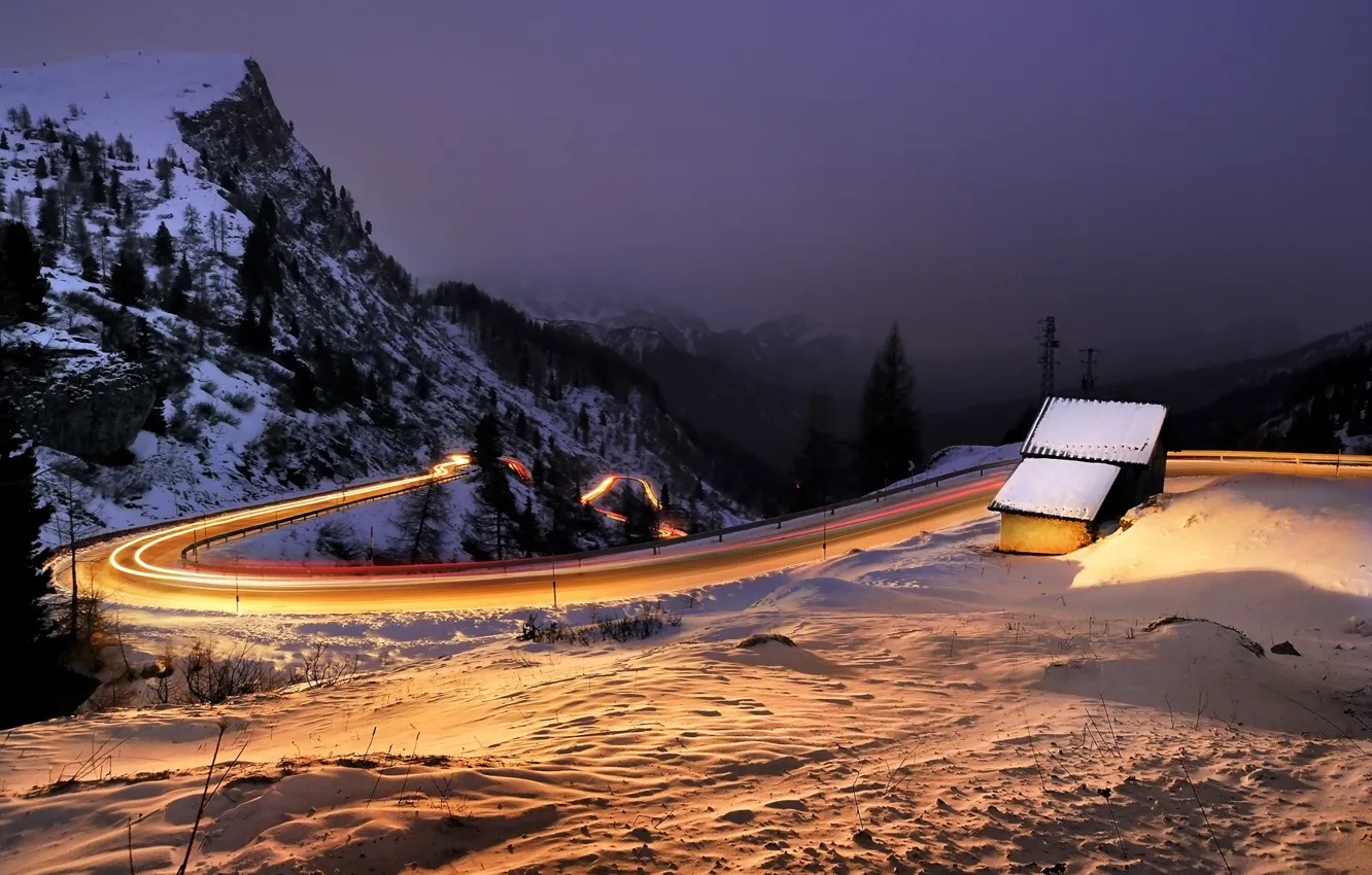 Photo wallpaper road, mountains, night