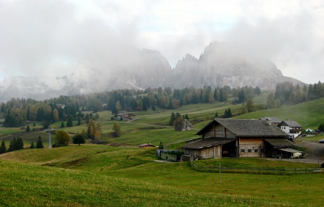 Photo wallpaper clouds, mountains, field, Alps, Italy, houses, meadows, Alpe Di Siusi / Seiser Alm