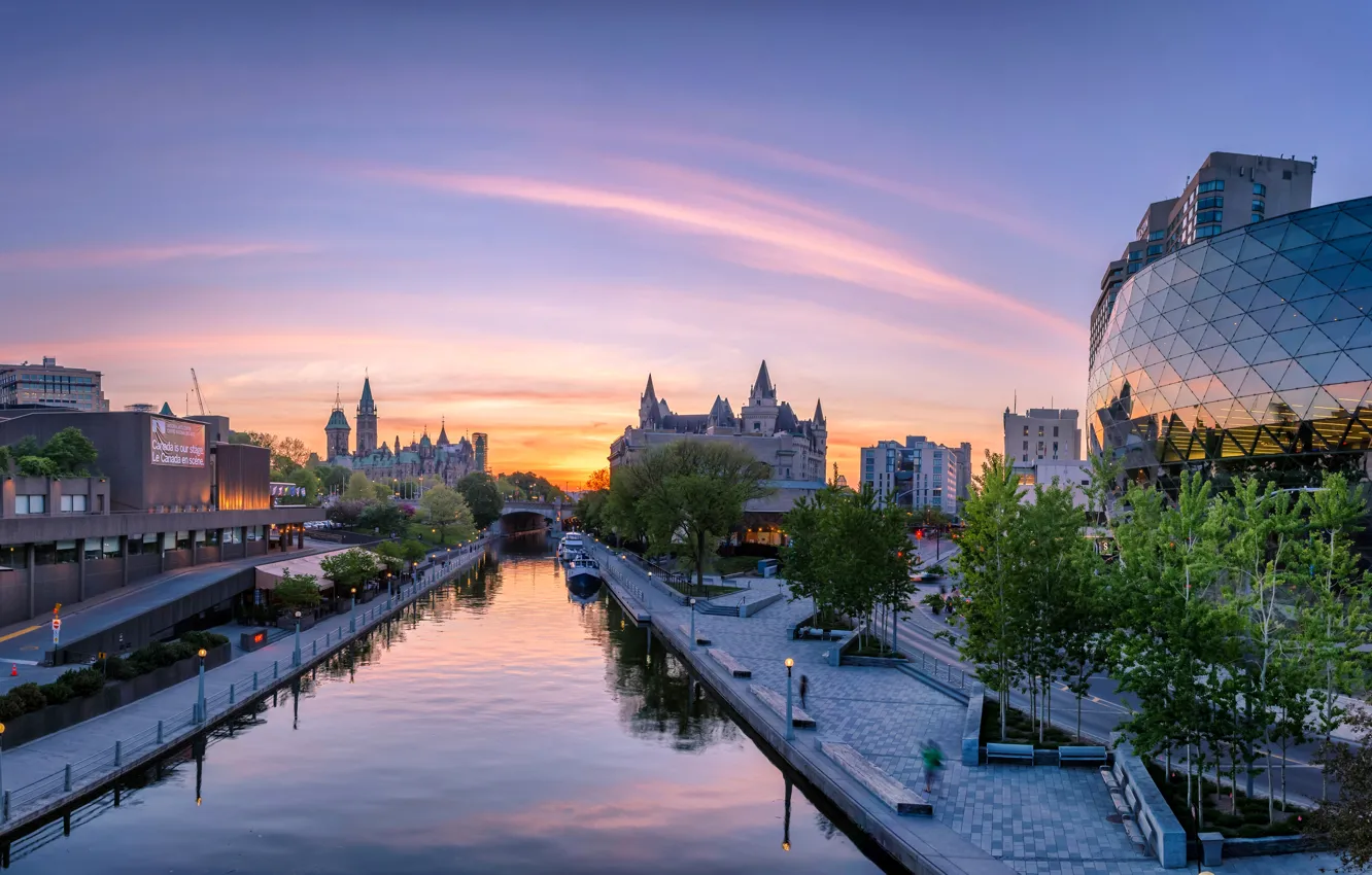 Photo wallpaper The city, Trees, River, House, Canada, Ontario, Ottawa, Sunrises and Sunsets