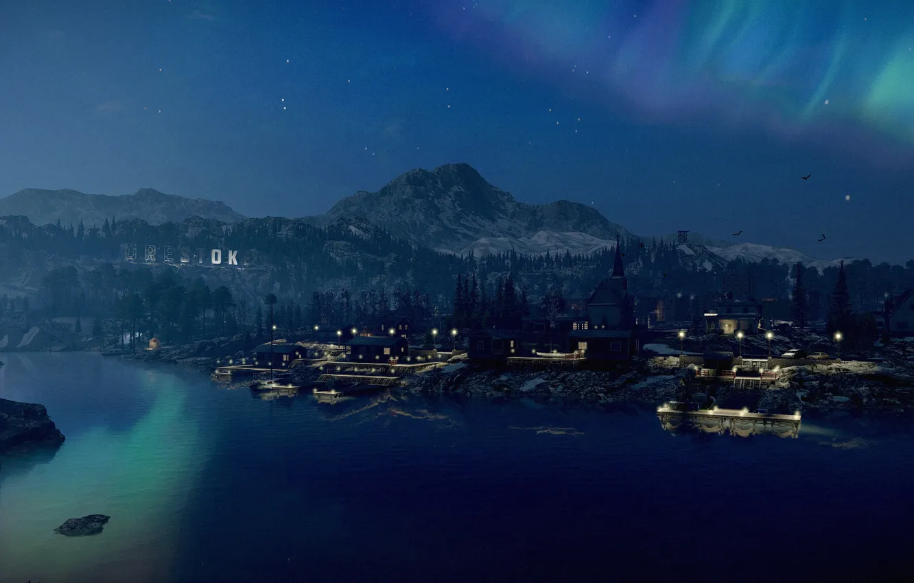 Photo wallpaper HDR, City, Stars, Water, Lights, Night, Game, Mountains