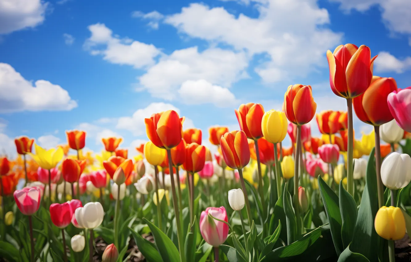Photo wallpaper field, flowers, spring, colorful, tulips, sunshine, flowering, blossom