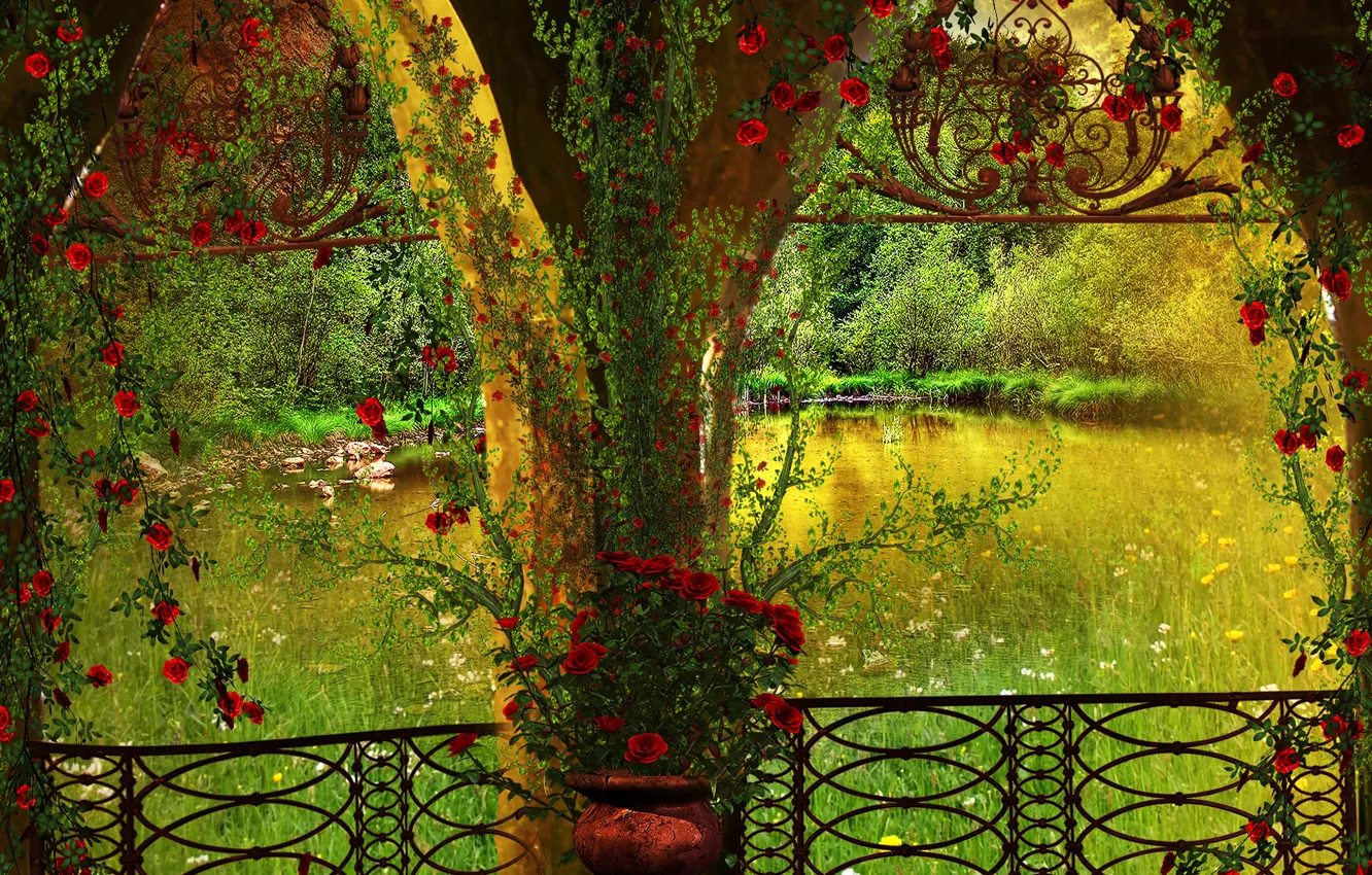 Photo wallpaper trees, flowers, pond, Park, arch, gazebo