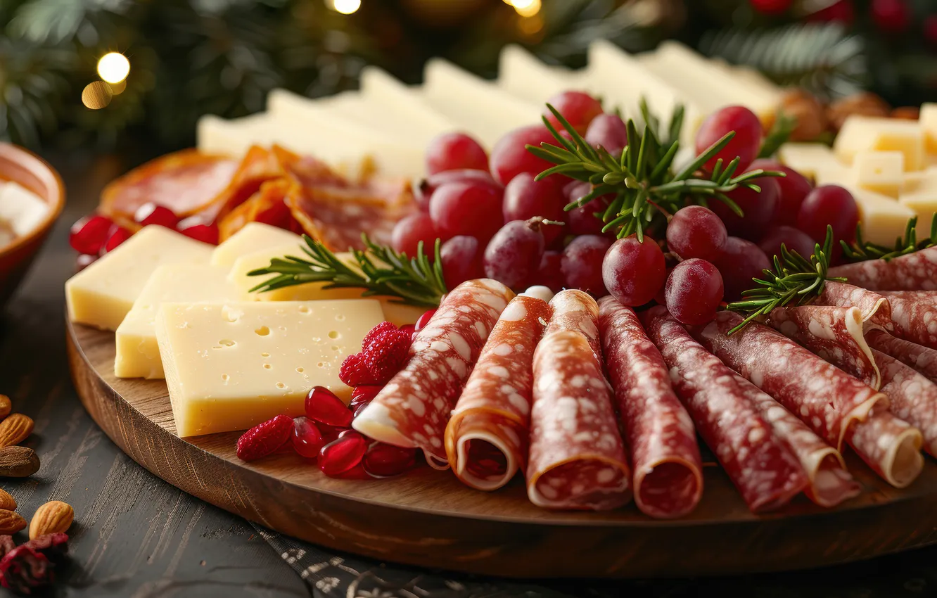 Photo wallpaper table, Board, cheese, grapes, nuts, different, a lot, sausage