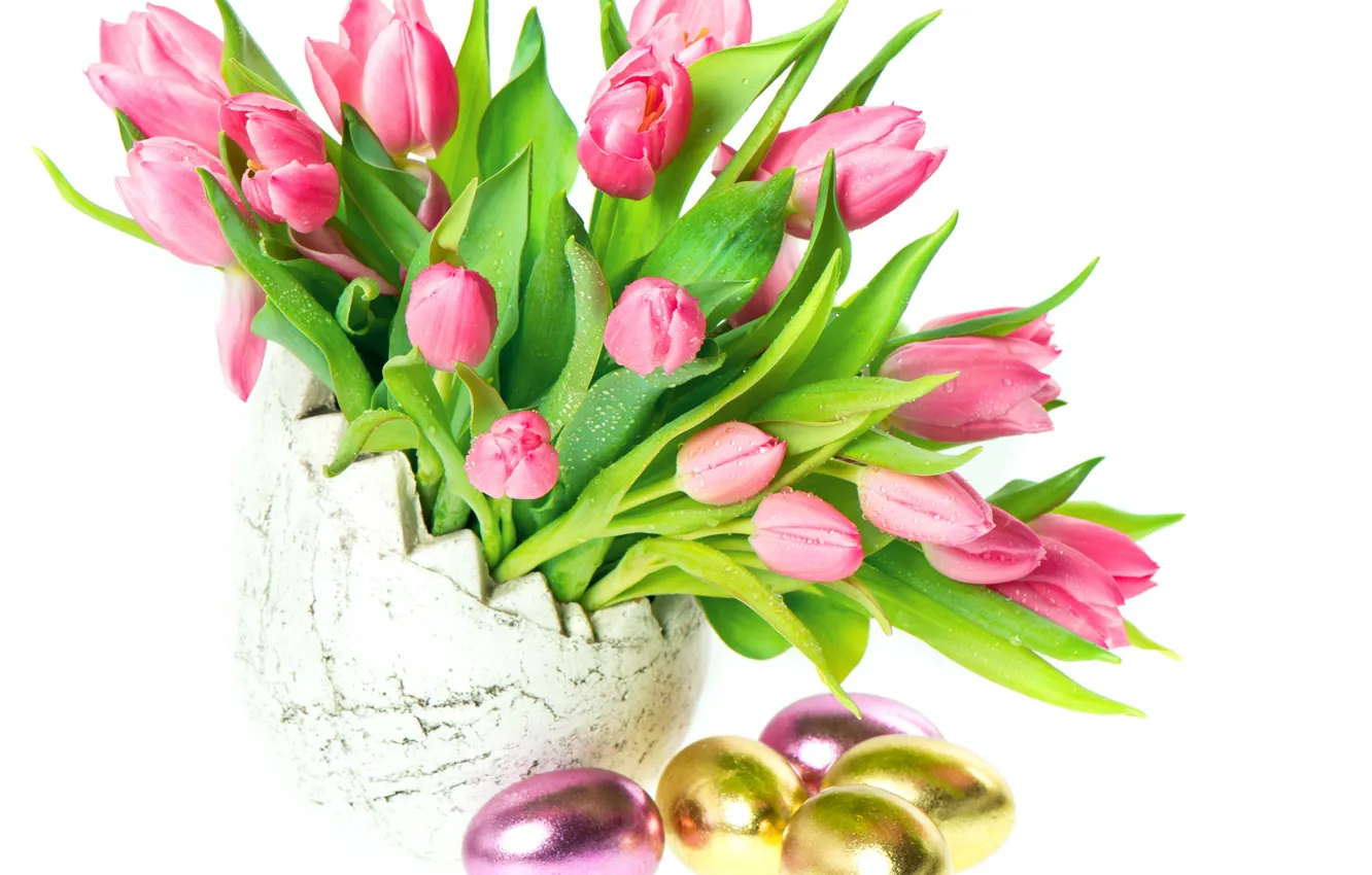Photo wallpaper eggs, Easter, tulips, vase, Easter