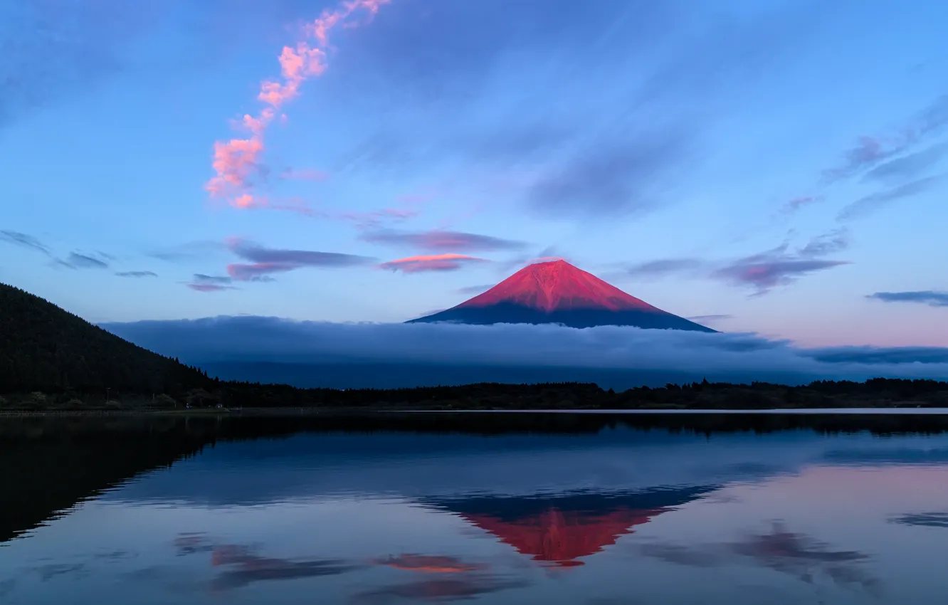 Photo wallpaper the sky, clouds, lake, reflection, mountain, the evening, Japan, Fuji