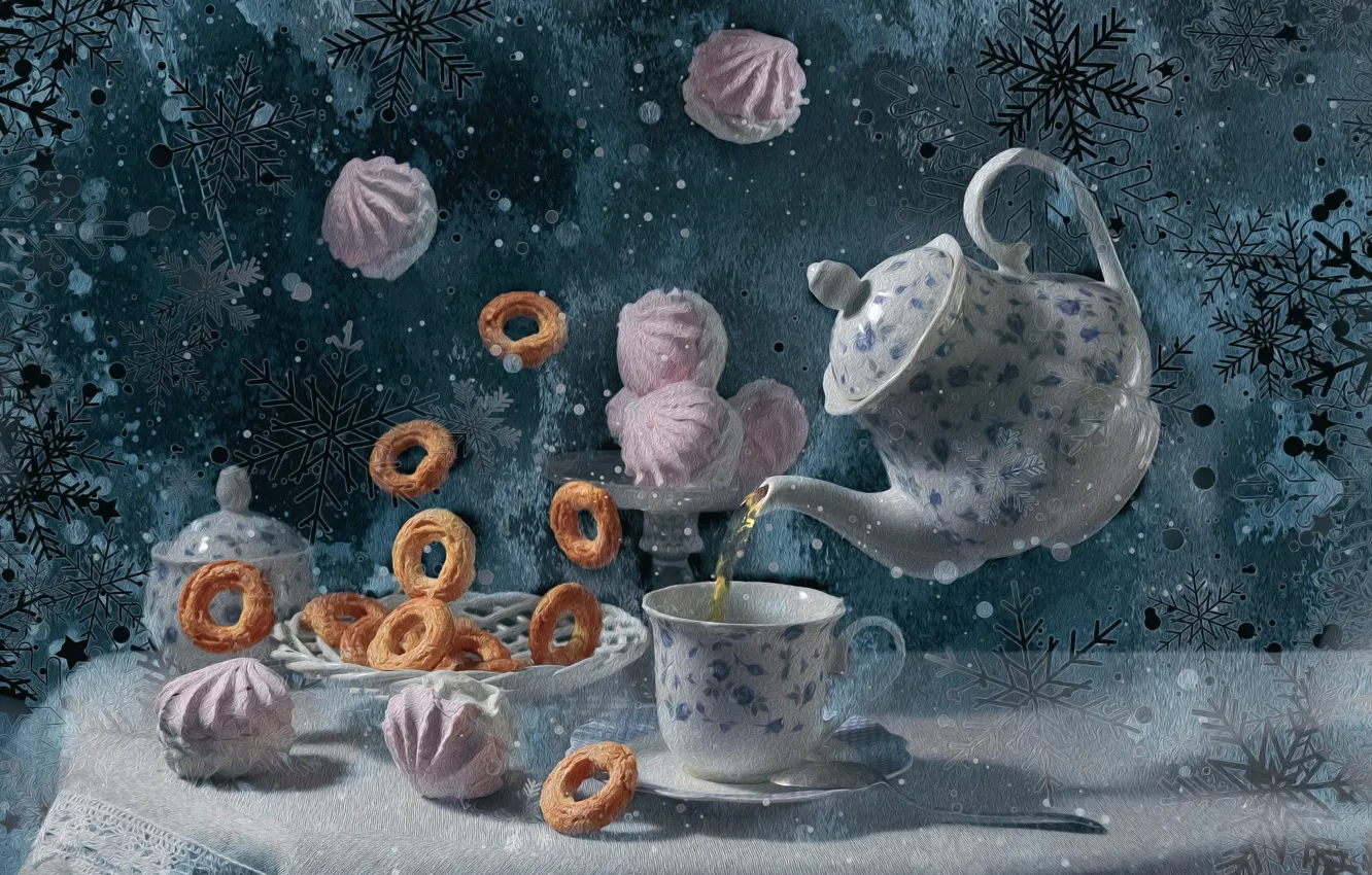 Photo wallpaper winter, snow, flight, snowflakes, table, tea, winter, new year