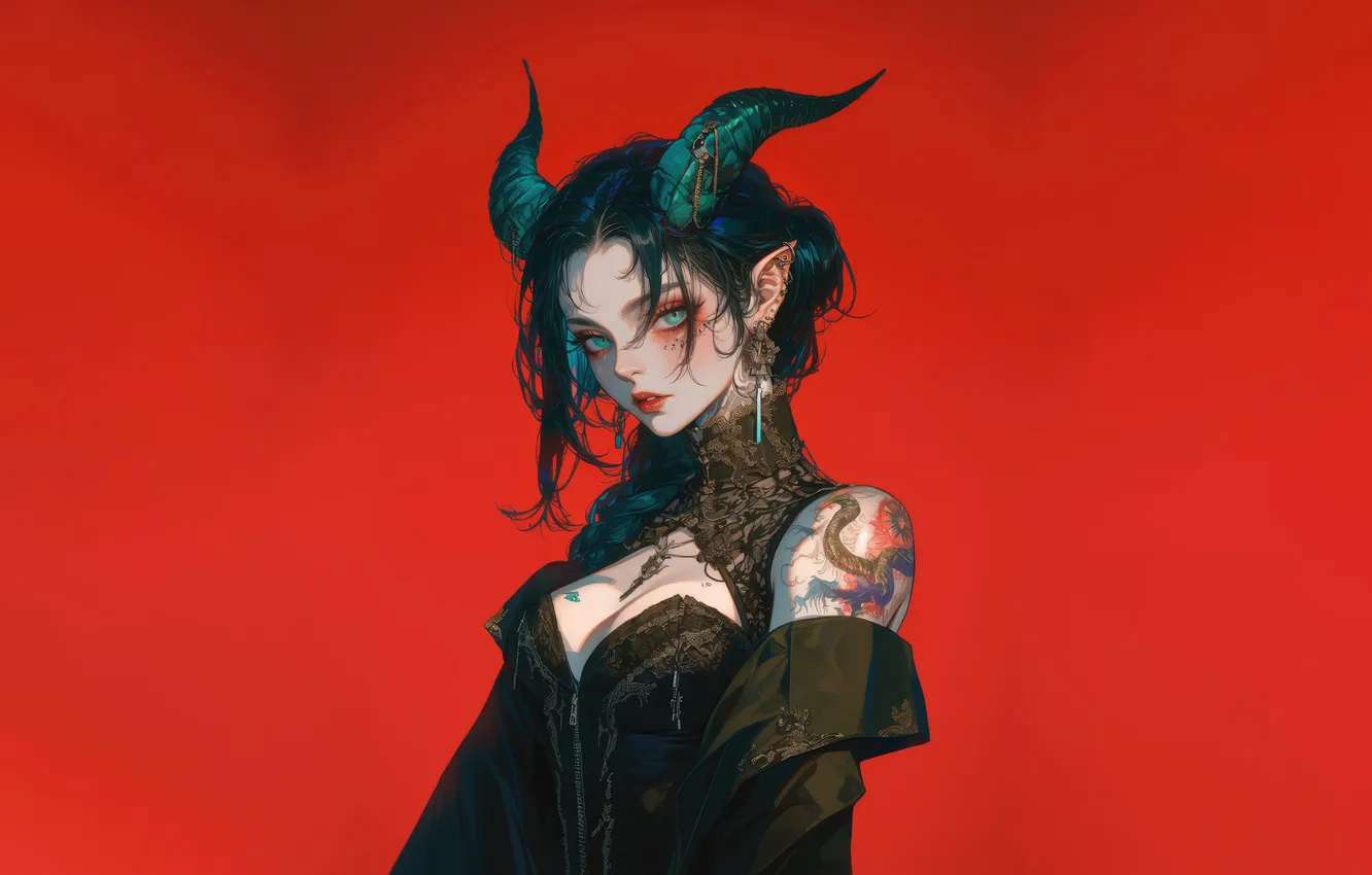 Photo wallpaper demon, girl, devil, anime, beautiful, tattoo, red background, horn