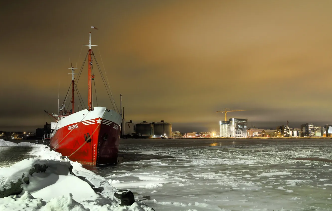 Photo wallpaper landscape, the city, river, ship