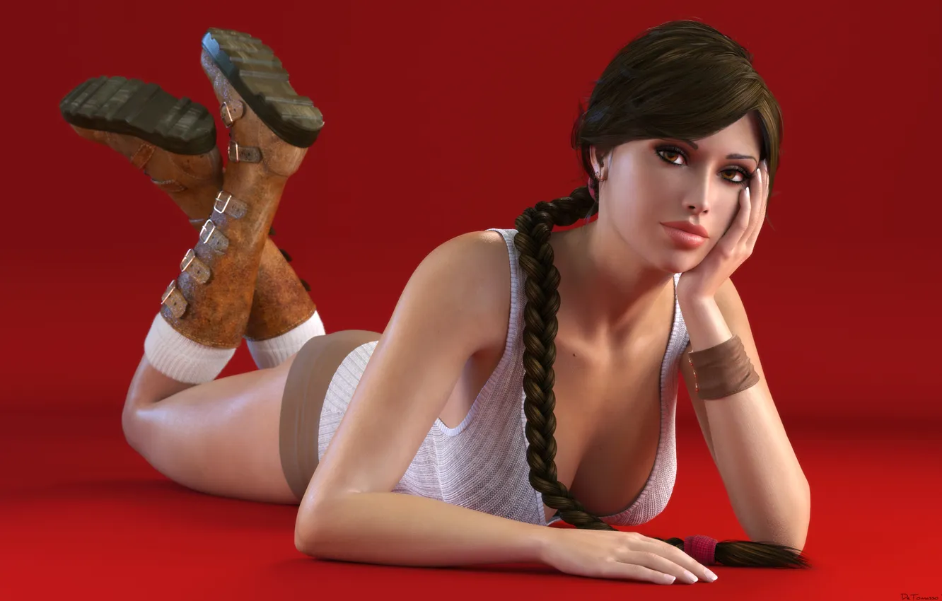 Photo wallpaper look, boots, Mike, lies, Tomb Raider, red background, pigtail, Lara Croft